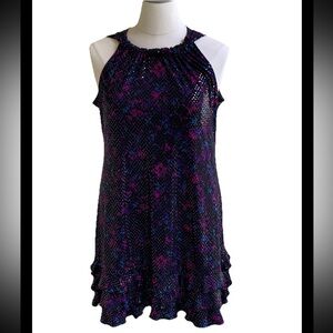 MSK Halter Dress Oscar Neck Sleeveless Black Floral Geometric Sparkle 16 Ruffle